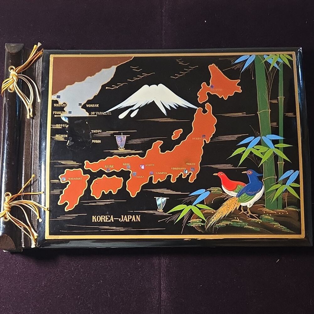 Vintage Korean War Era Japan Lacquer Scrapbook Photo Album Map 38th Parallel 50s